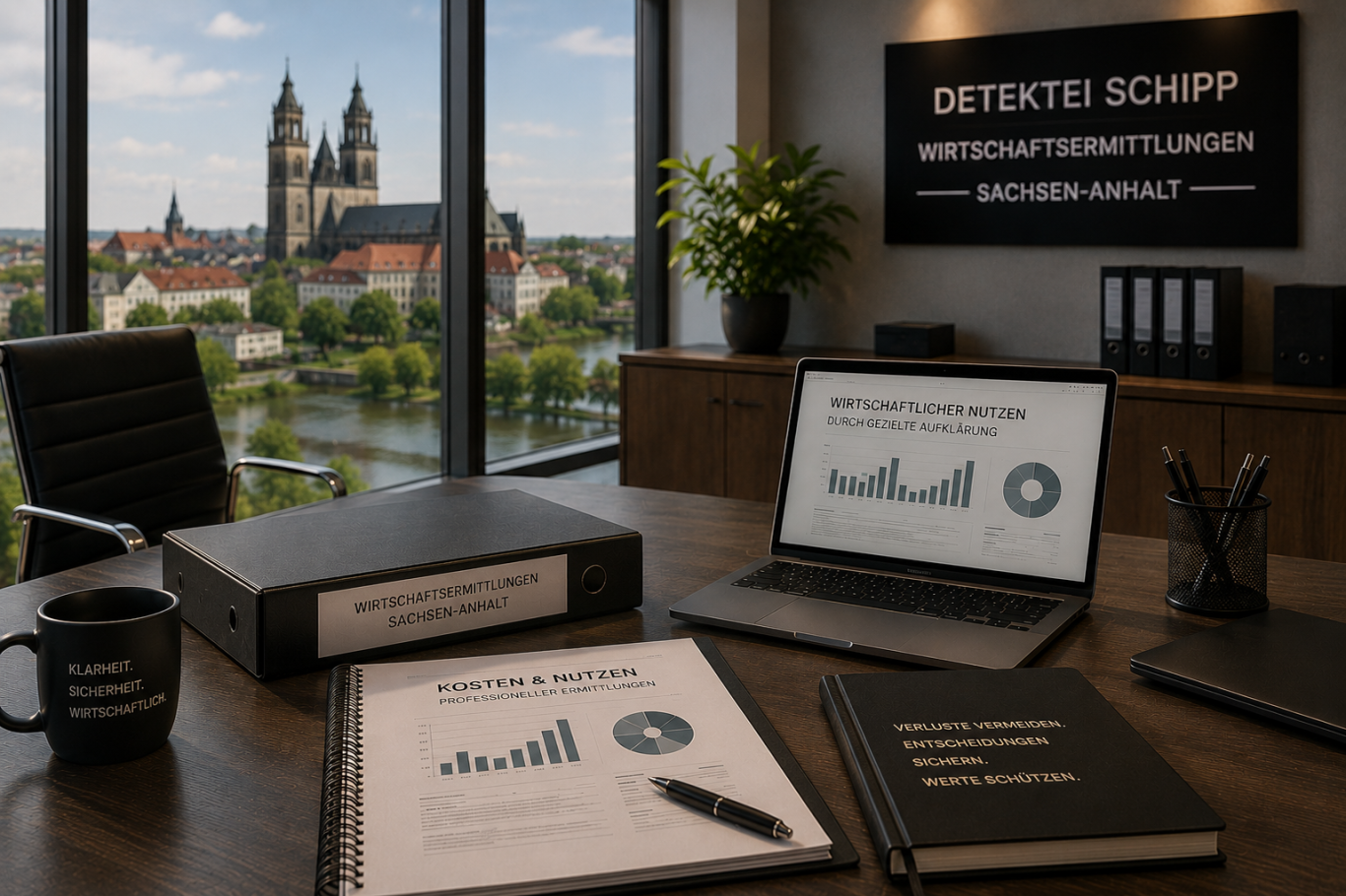 Der Kosten- & Nutzenfaktor professioneller Ermittlungen in Sachsen-Anhalt Moderner Besprechungsraum als Symbol für wirtschaftlich sinvolle Ermittlungsentscheidungen in Sachsen-Anhalt.