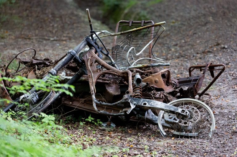 Rostiges, verlassenes Motorradteil im Wald, umgeben von Blättern und Gras.