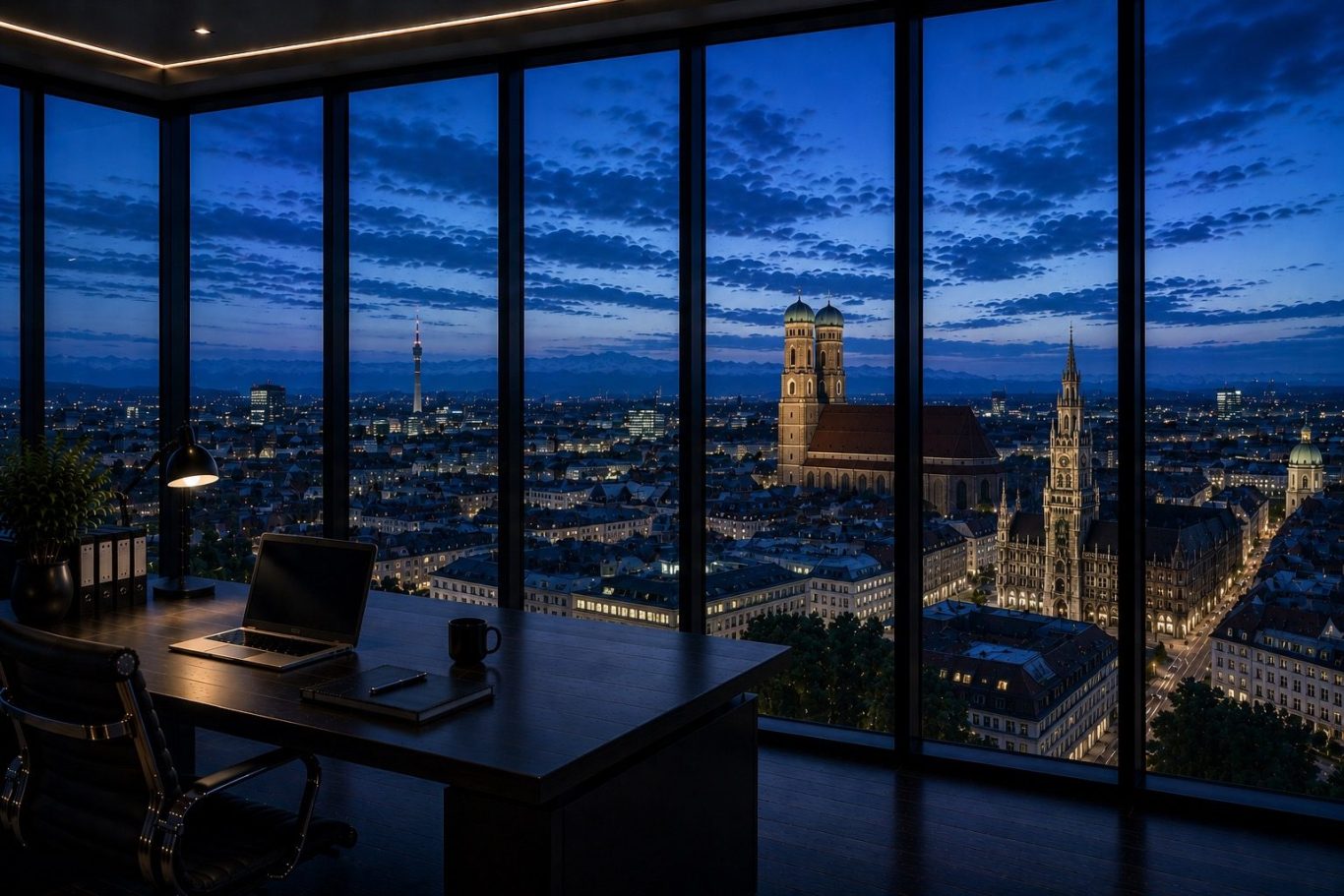 Wirtschaftsdetektei München - diskrete Ermittlungen in Bayern Moderner Konferenzraum mit Blick auf die Stadt München in der Abenddämmerung. Symboldbild für diskrete Wirtschaftsermittlungen in München.