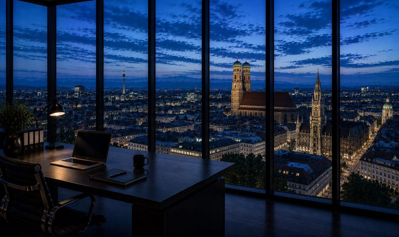 Moderner Konferenzraum mit Blick auf die Stadt München in der Abenddämmerung. Symboldbild für diskrete Wirtschaftsermittlungen in München. 