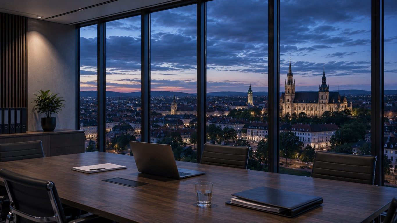 Ermittlungen für Kommunen in Thüringen Moderner Verwaltungstrakt mit Blick auf Thüringen in der blauen Stunde.