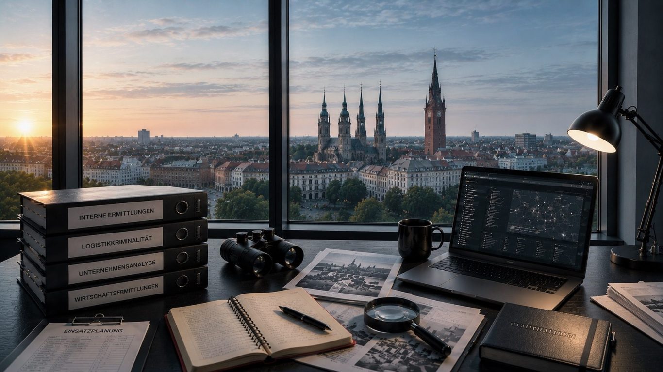Wirtschaftsermittlungen Halle (Saale) - Wirtschaftsdetektei Schipp Moderner Ermittlungsarbeitsplatz mit Blick auf Halle (Saale) bei Sonnenaufgang als Symbol für diskrete Wirtschaftsermittlungen