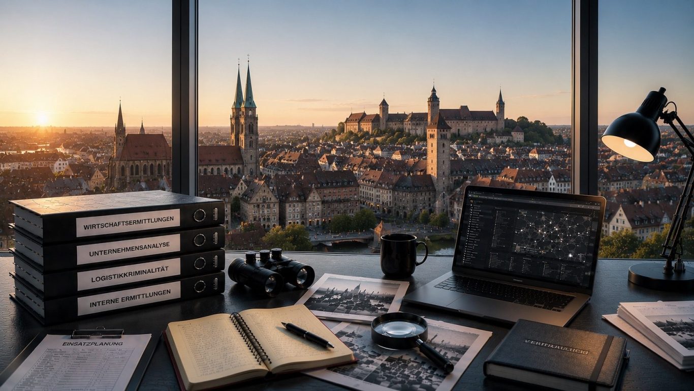 Moderner Ermittlungsarbeitsplatz mit Blick auf Nürnberg bei Sonnenaufgang als Symbol für diskrete Wirtschaftsermittlungen