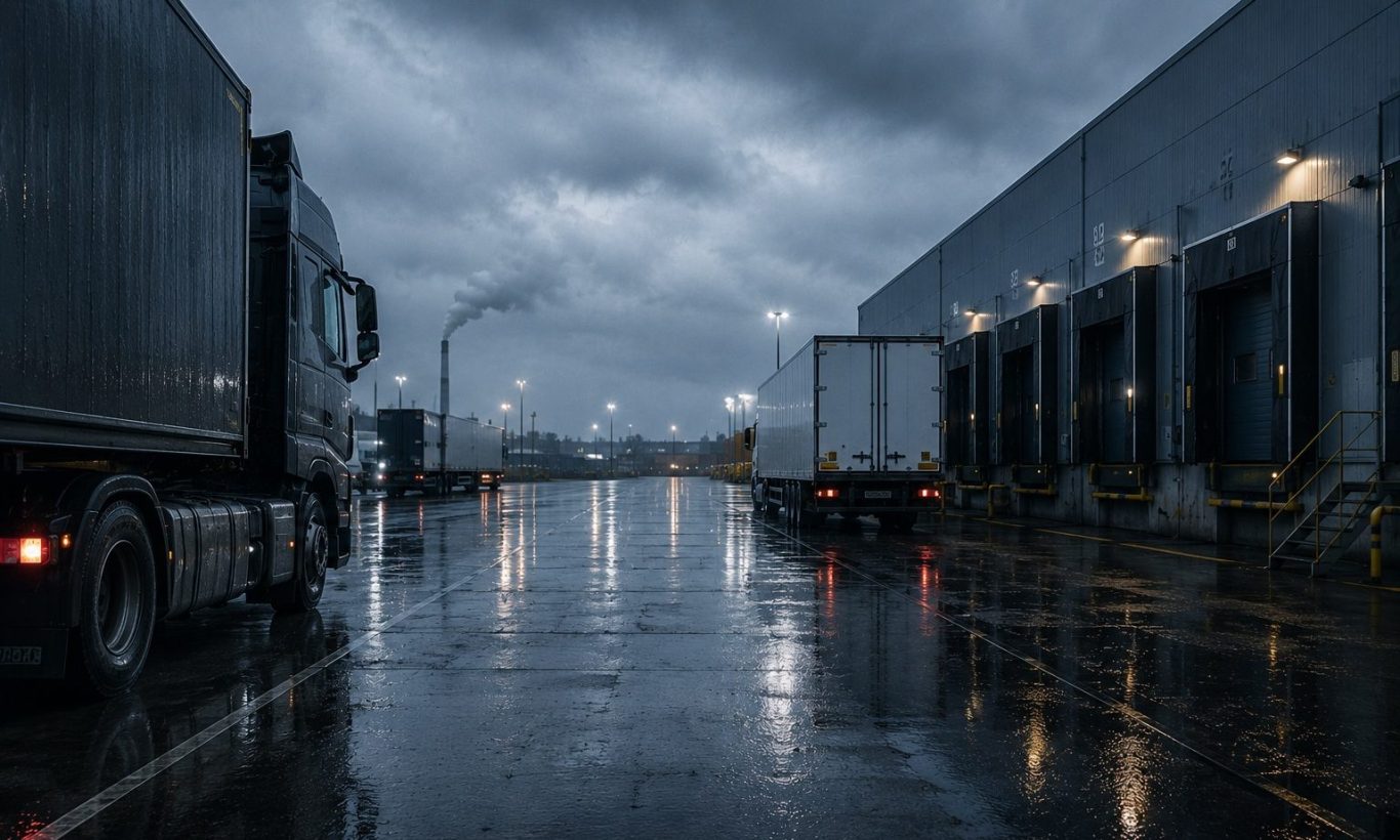 Modernes Logistikzentrum mit Verladerampen und Lkw bei Regen als Symbol für Logistikermittlungen und die Aufklärung von Transporkriminalität