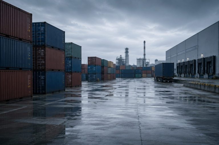 Moderner Industrie- und Logistikstandort mit Containerterminal als Symbol für Wirtschaftsermittlungen und Ermittlungen in Unternehmen.