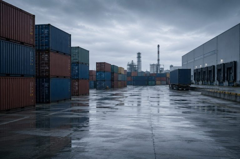 Moderner Industrie- und Logistikstandort mit Containerterminal als Symbol für Wirtschaftsermittlungen und Ermittlungen in Unternehmen.