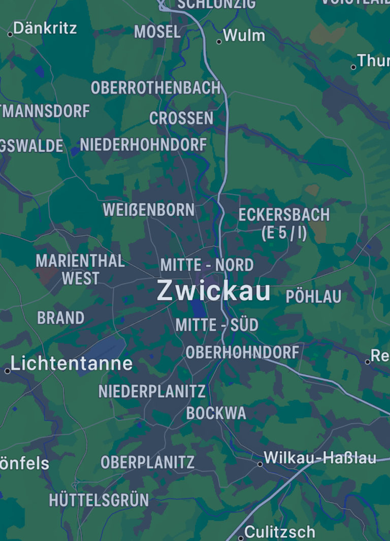 Karte von Zwickau mit benachbarten Orten und Straßen.