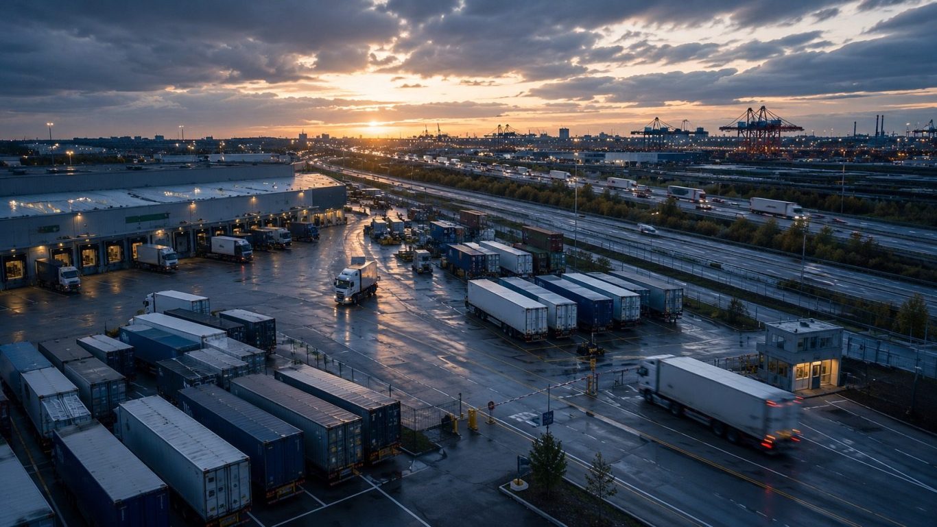 Logistikzentrum mit Lkw, Containern und Transportwegen als Symbol für Ermittlungen bei Transportkriminalität und Ladungsdiebstahl. 