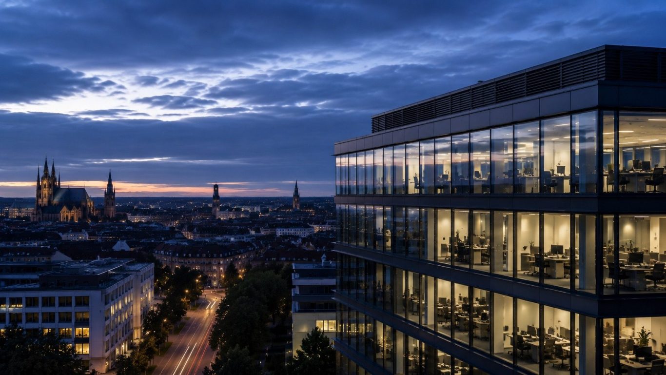Modernes Bürogebäude mit Blick über Erfurt in der Dämmerung als Symbol für diskrete und professionelle Wirtschaftsermittlungen. 