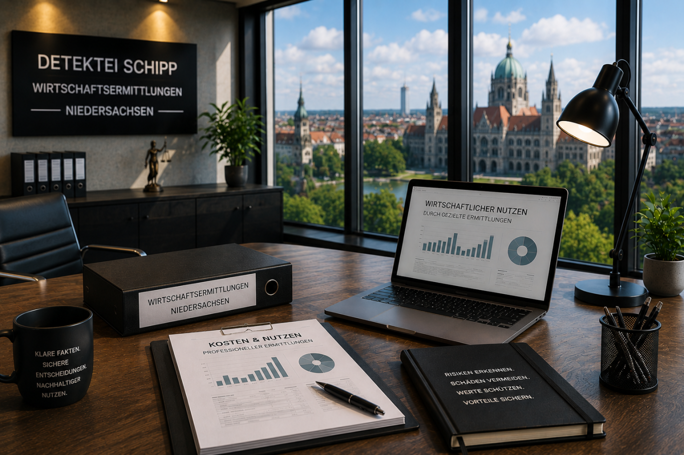 Der Kosten- & Nutzenfaktor professioneller Ermittlungen in Niedersachsen Moderner Besprechungsraum als Symbol für wirtschaftlich sinvolle Ermittlungsentscheidungen in Niedersachsen.