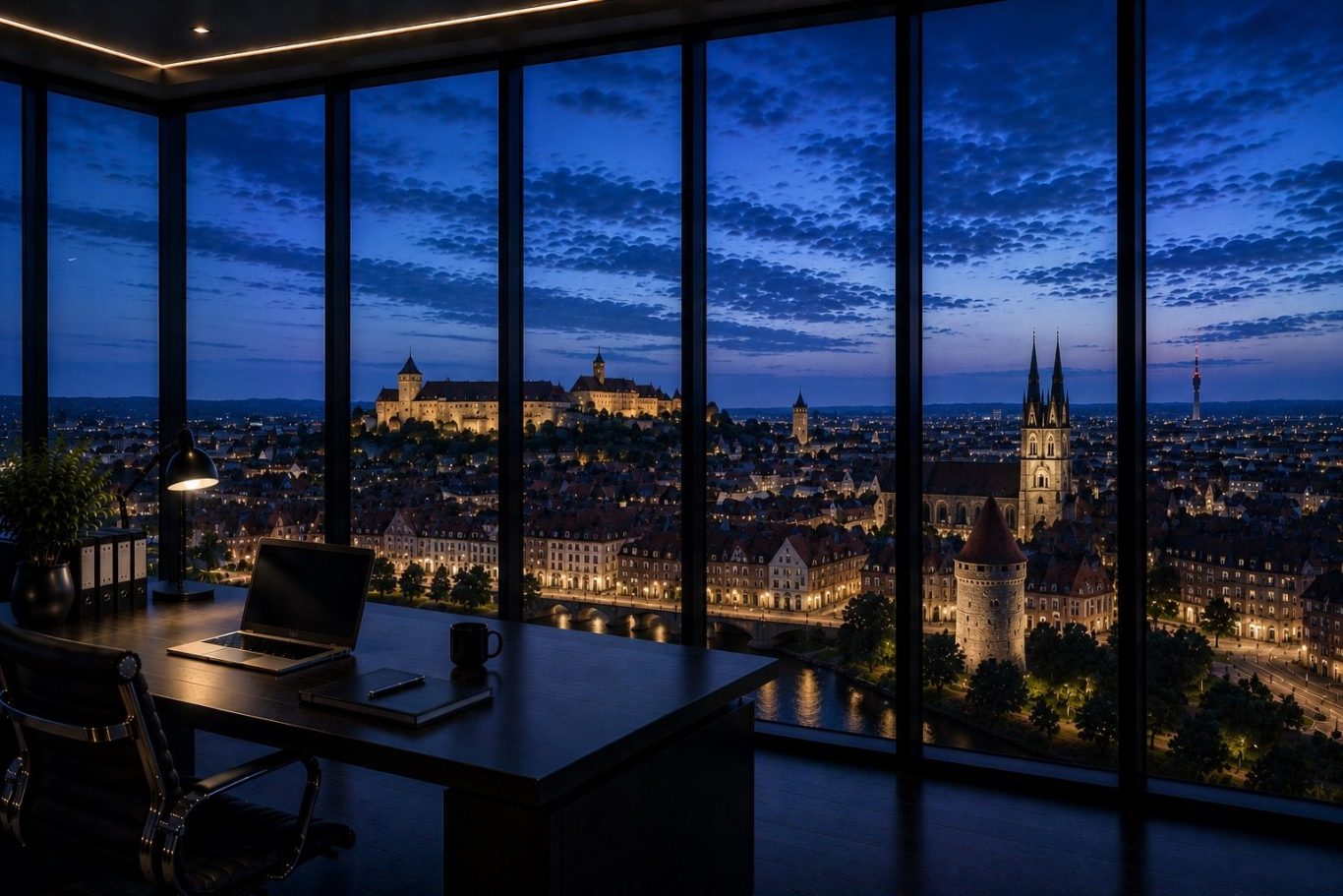 Wirtschaftsdetektei Nürnberg - diskrete Ermittlungen in Franken Moderner Konferenzraum mit Blick auf die Stadt Nürnberg in der Abenddämmerung. Symboldbild für diskrete Wirtschaftsermittlungen in Nürnberg.