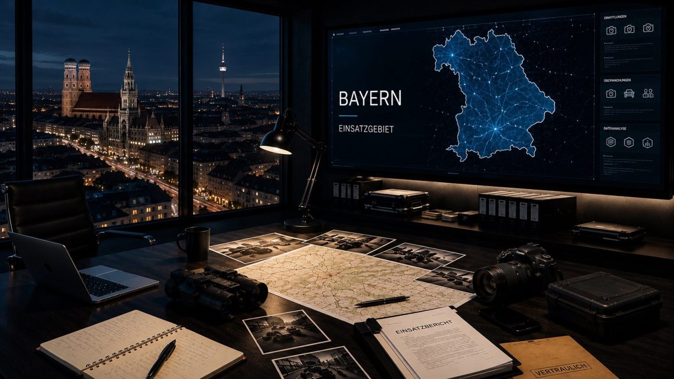 Wirtschaftsdetektei Bayern Moderner Ermittlungs- und Einsatzraum für diskrete Wirtschaftsermittlungen im gesamten Freistaat Bayern.
