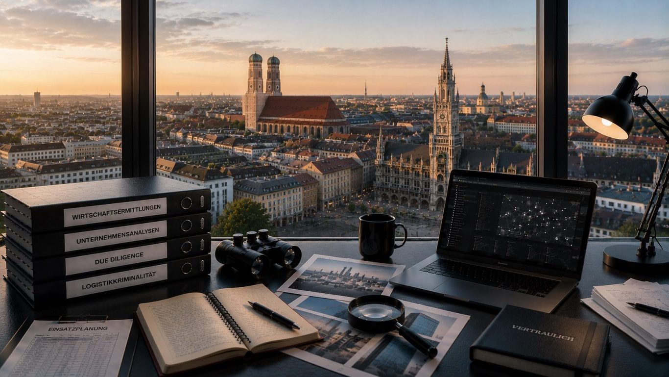 Wirtschaftsermittlungen München - Wirtschaftsdetektei Schipp Moderner Ermittlungsarbeitsplatz mit Blick auf München bei Sonnenaufgang als Symbol für diskrete Wirtschaftsermittlungen