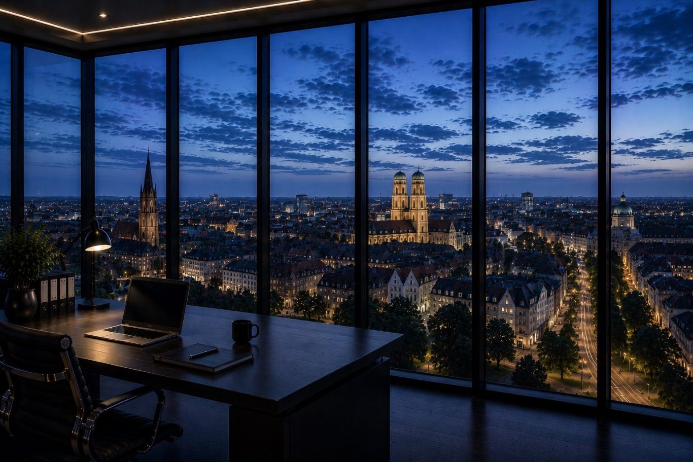 Moderner Konferenzraum mit Blick auf die Stadt Münster in der Abenddämmerung. Symboldbild für diskrete Wirtschaftsermittlungen in Münster. 