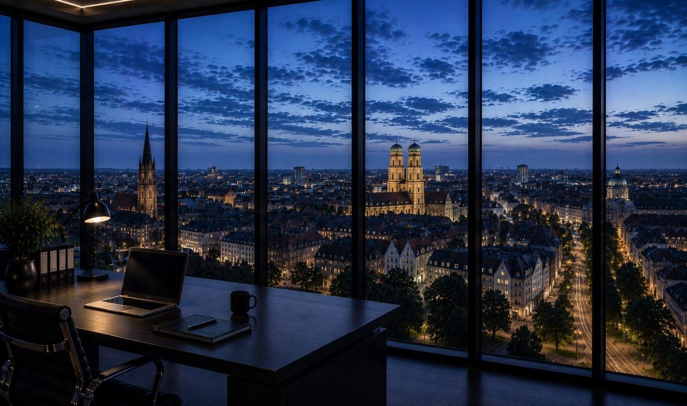 Moderner Konferenzraum mit Blick auf die Stadt Münster in der Abenddämmerung. Symboldbild für diskrete Wirtschaftsermittlungen in Münster. 