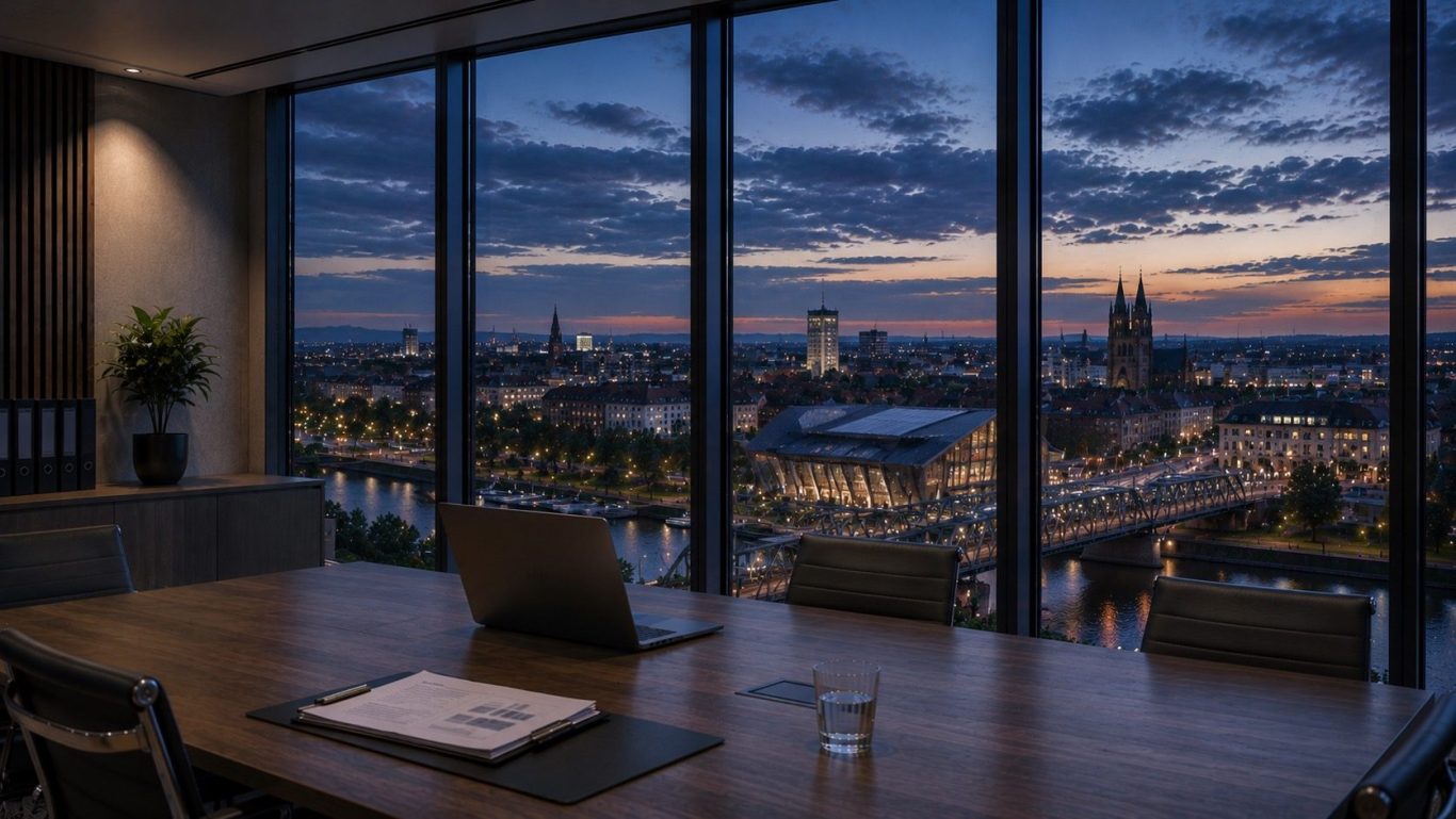 Moderner Verwaltungstrakt mit Blick auf Sachsen-Anhalt in der blauen Stunde. 