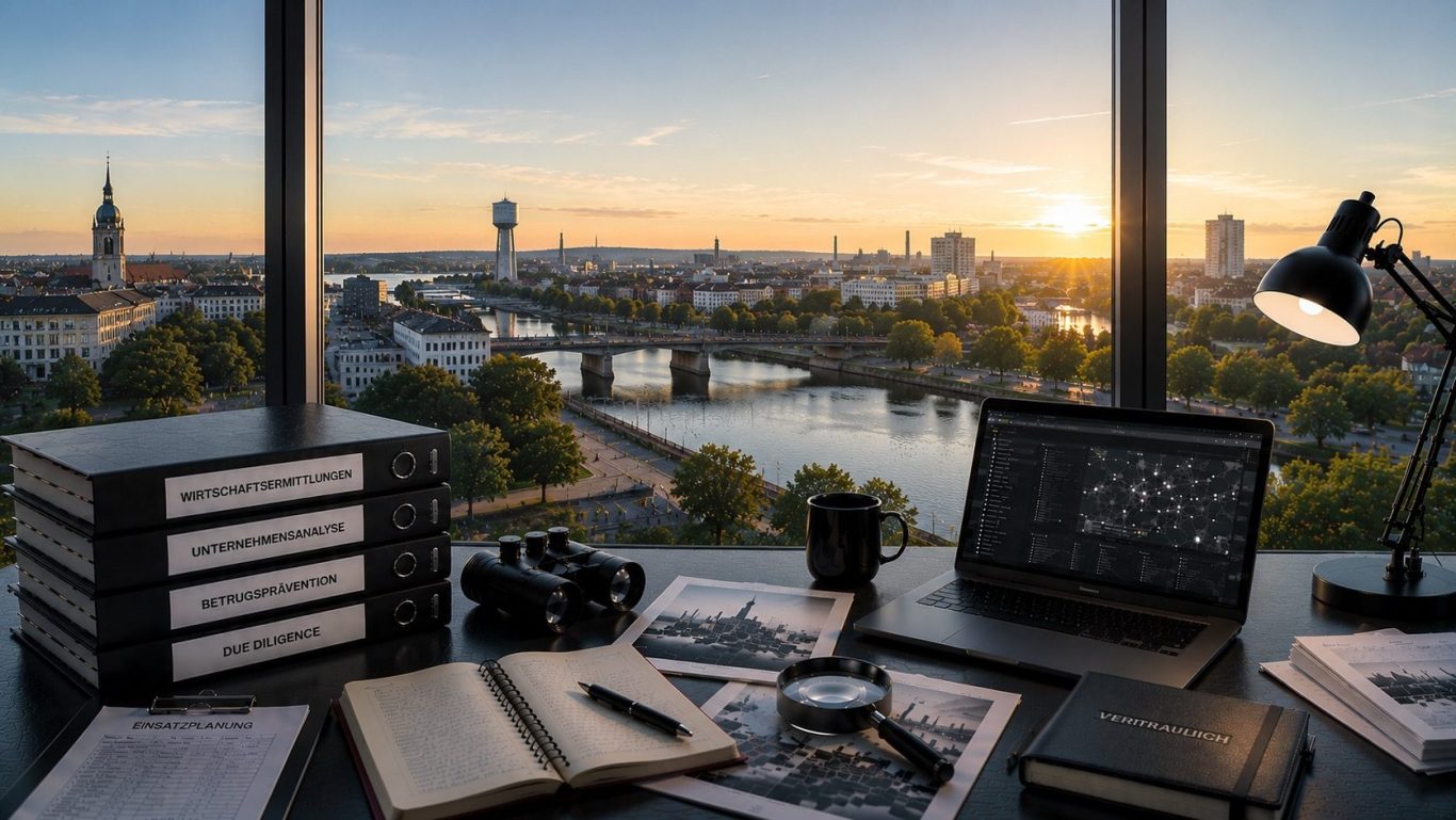 Wirtschaftsermittlungen Dessau-Roßlau | Wirtschaftsdetektei Schipp Moderner Ermittlungsarbeitsplatz mit Blick auf Dessau-Roßlau bei Sonnenaufgang als Symbol für diskrete Wirtschaftsermittlungen