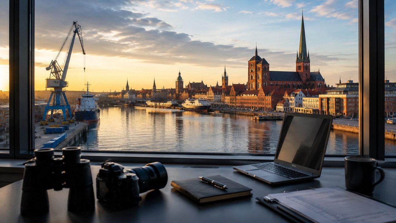 Wirtschaftsermittlungen Stralsund - Wirtschaftsdetektei Schipp Moderner Ermittlungsarbeitsplatz mit Blick auf Stralsund bei Sonnenaufgang als Symbol für diskrete Wirtschaftsermittlungen