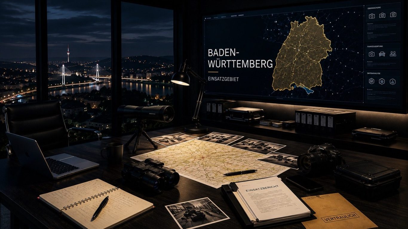 Wirtschaftsdetektei Baden-Württemberg Moderner Ermittlungs- und Einsatzraum für diskrete Wirtschaftsermittlungen in ganz Baden-Württemberg.