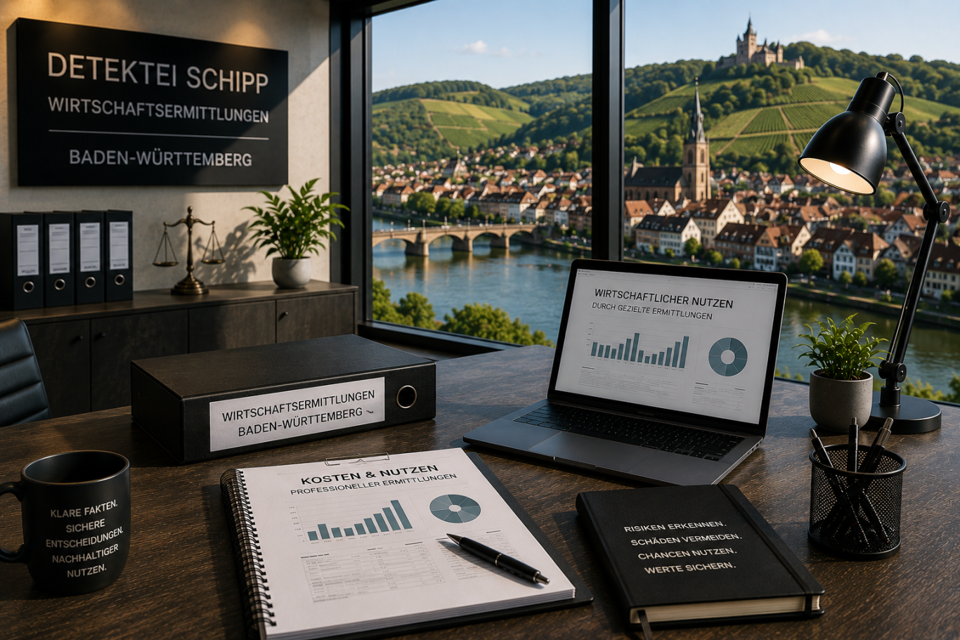 Der Kosten- & Nutzenfaktor professioneller Ermittlungen in Baden-Württemberg Moderner Besprechungsraum als Symbol für wirtschaftlich sinvolle Ermittlungsentscheidungen in Baden-Württemberg.