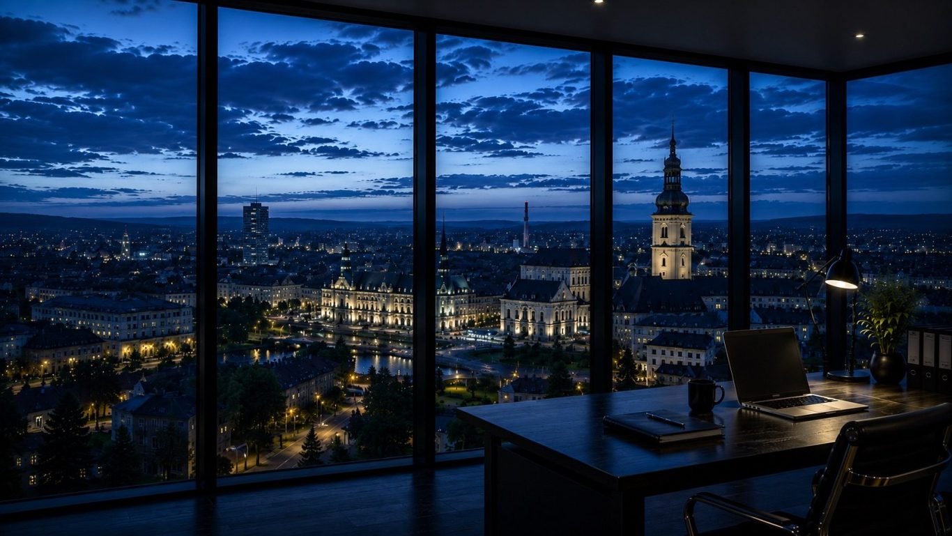 Wirtschaftsdetektei Gera - diskrete Ermittlungen in Thüringen Moderner Konferenzraum mit Blick auf die Stadt Gera bei Abenddämmerung. Symbolbild für diskrete Ermittlungen in Gera und Thüringen.