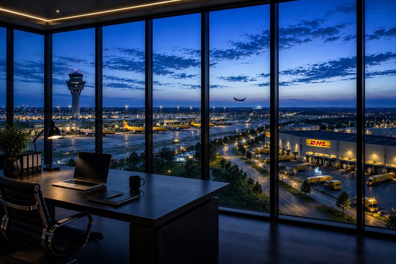 Moderner Konferenzraum mit Blick auf den Flughafen Leipzig / Halle und den Logistikstandort Schkeuditz bei Abenddämmerung. 