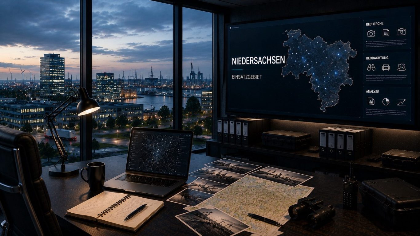Wirtschaftsdetektei Niedersachsen Moderner Ermittlungs- und Einsatzraum für diskrete Wirtschaftsermittlungen im gesamten Bundesland Niedersachsen.
