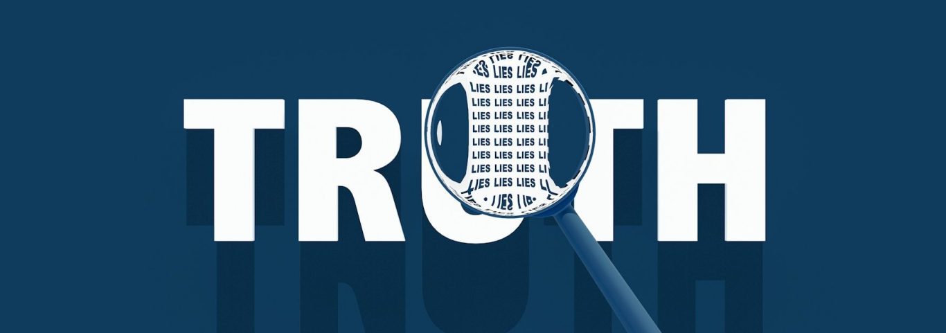 Das Wort „TRUTH“ in Großbuchstaben, mit einer Lupe, die einen Teil des Texts vergrößert, der das Wort Lies hervorbringt.