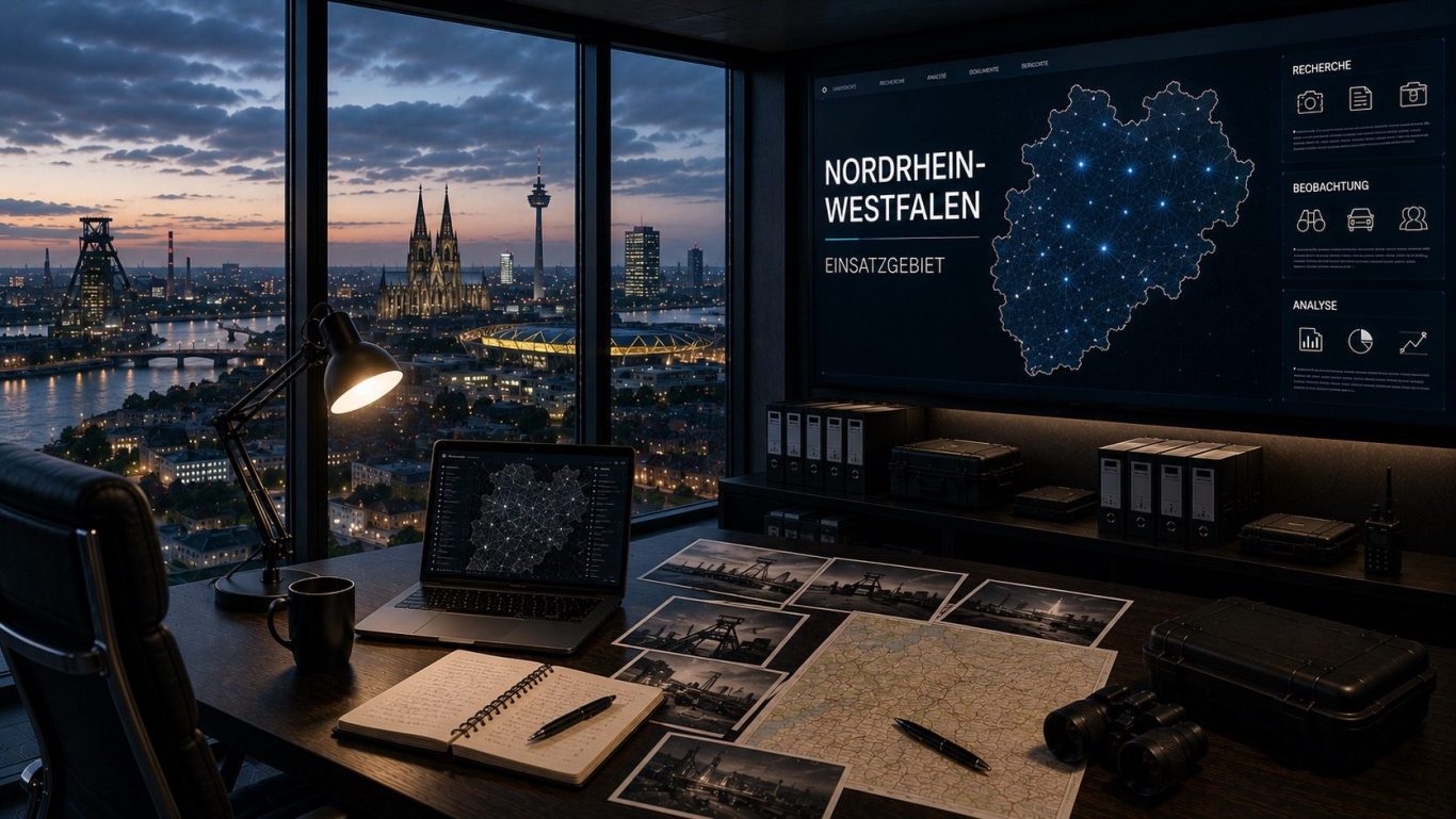 Wirtschaftsdetektei Nordrhein-Westfalen Moderner Ermittlungs- und Einsatzraum für diskrete Wirtschaftsermittlungen im gesamten Bundesland Nordrhein-Westfalen.