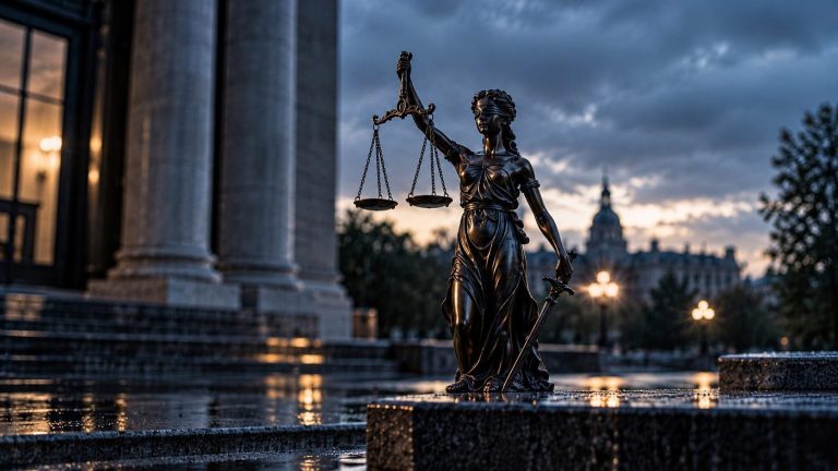 Justitia mit Waage vor einem Gerichtsgebäude in der Abenddämmerung. 