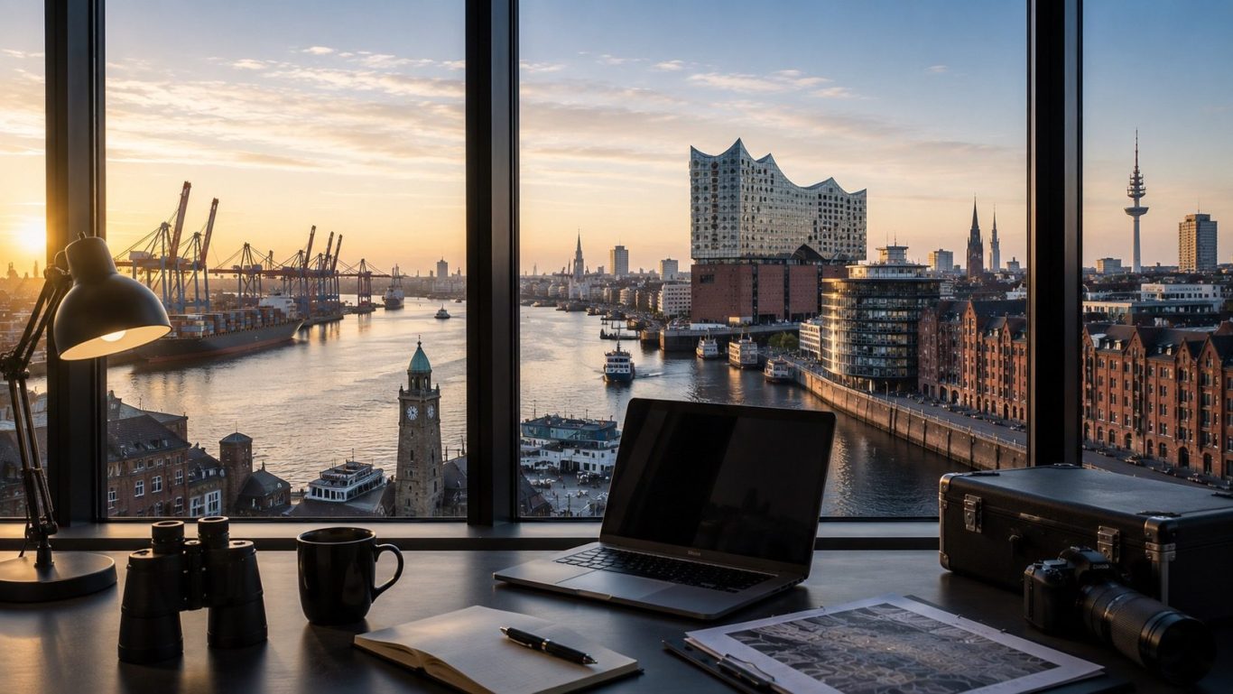 Moderner Ermittlungsarbeitsplatz mit Blick auf Hamburg und den Hafen bei Sonnenaufgang als Symbol für diskrete Wirtschaftsermittlungen