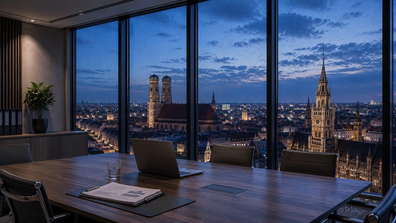 Ermittlungen für Kommunen in Bayern Moderner Verwaltungstrakt mit Blick auf München in der blauen Stunde.