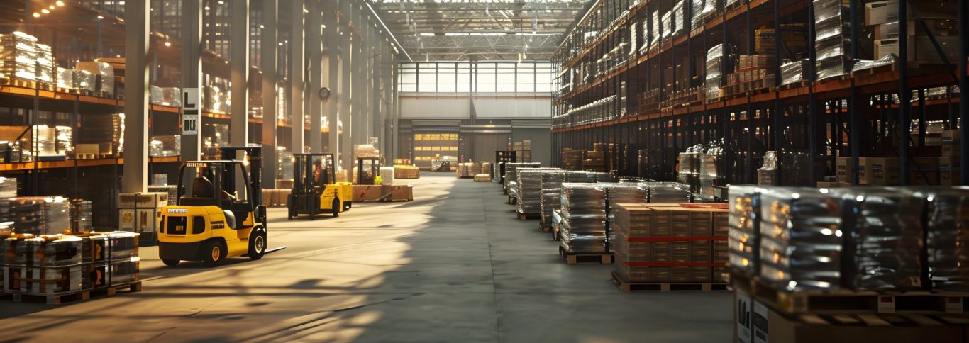Ein geräumiges Lager mit Regal, Paletten und Gabelstaplern in Bewegung.
