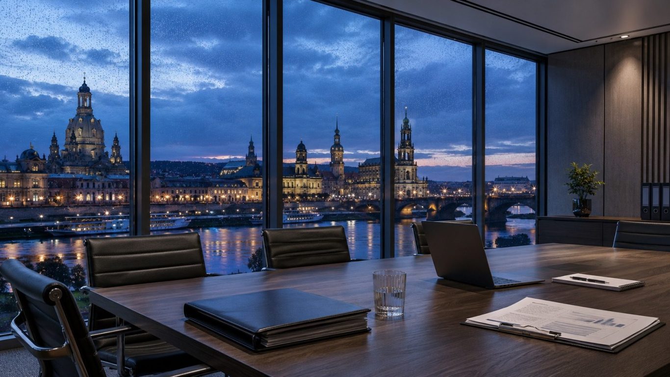 Moderner Verwaltungstrakt mit Blick auf Dresden in der blauen Stunde. 