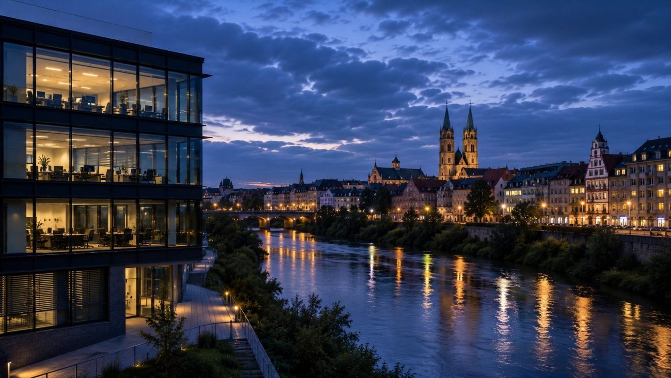 Wirtschaftsdetektei Zwickau - diskrete Ermittlungen für Unternehmen in Westsachsen Modernes Bürogebäude mit Blick auf die Zwickauer Altstadt und die Zwickauer Mulde in der Abenddämmerung. Diskrete Ermittlungen in Zwickau.