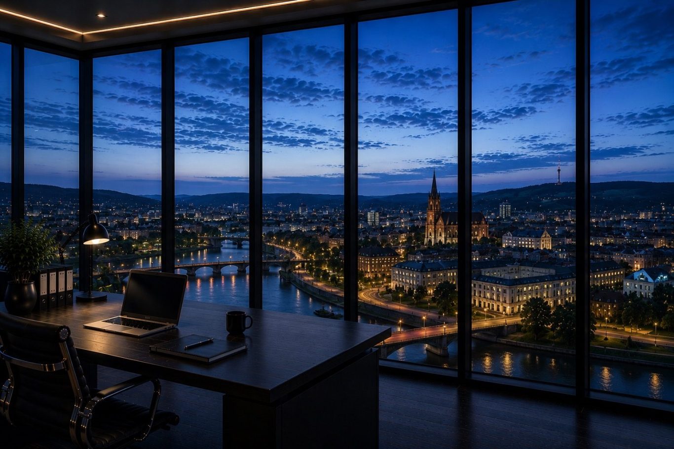 Moderner Konferenzraum mit Blick auf die Stadt Saarbrücken in der Abenddämmerung. Symboldbild für diskrete Ermittlungen in Saarbrücken. 