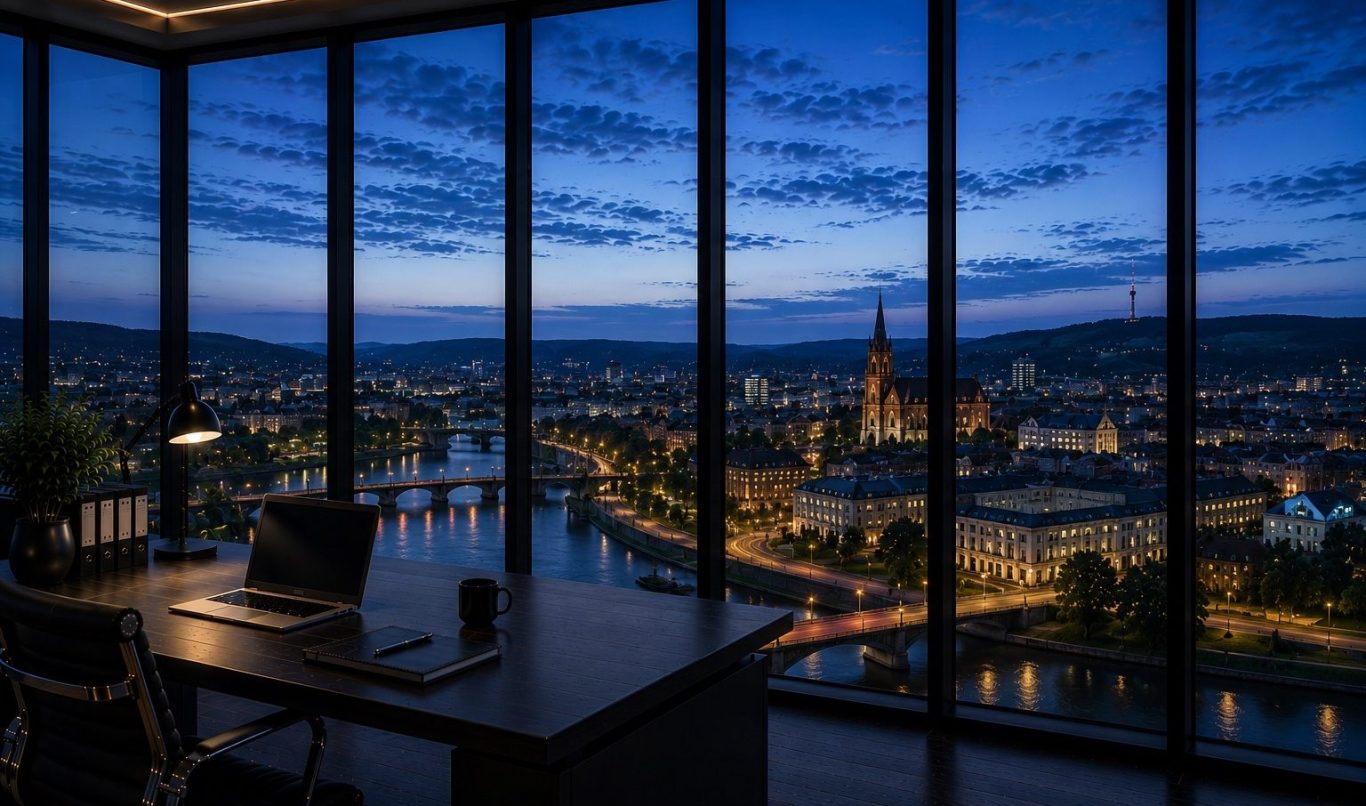 Moderner Konferenzraum mit Blick auf die Stadt Saarbrücken in der Abenddämmerung. Symboldbild für diskrete Ermittlungen in Saarbrücken. 