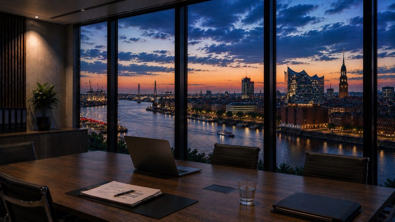 Moderner Verwaltungstrakt mit Blick auf Hamburg in der blauen Stunde. 
