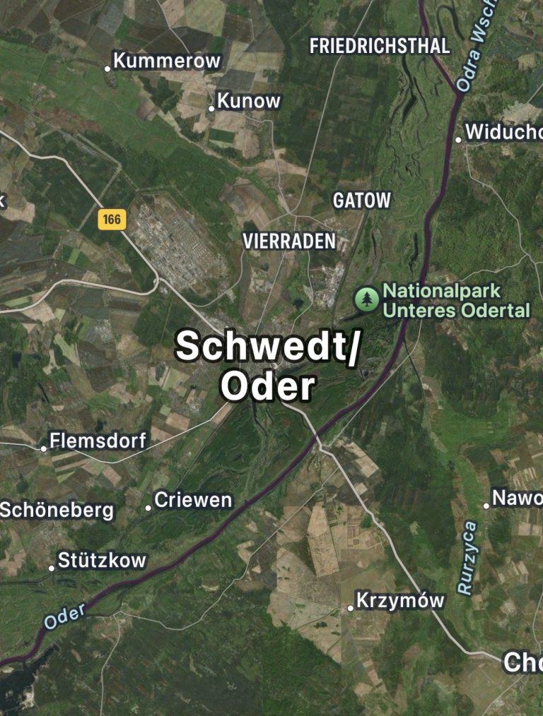 Karte von Schwedt/Oder mit umliegenden Orten und Nationalpark Unteres Odertal.