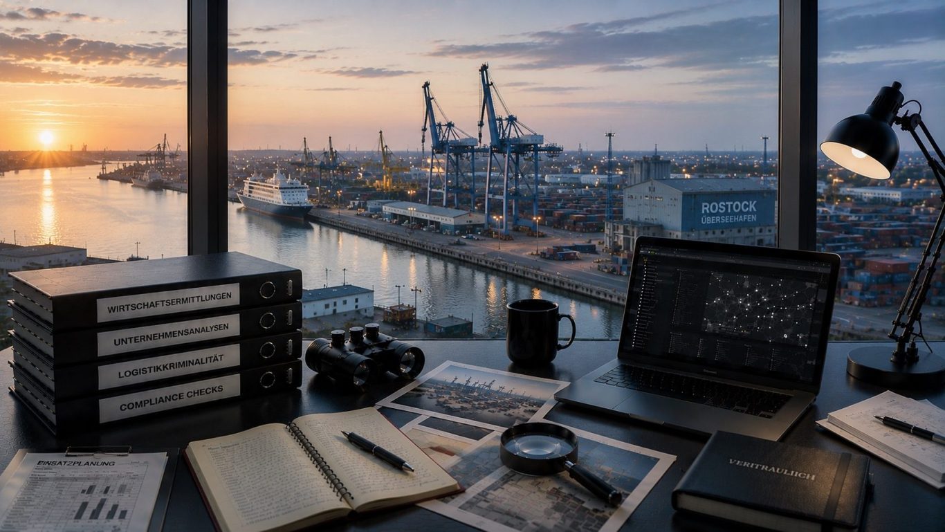Moderner Ermittlungsarbeitsplatz mit Blick auf Rostock bei Sonnenaufgang als Symbol für diskrete Wirtschaftsermittlungen
