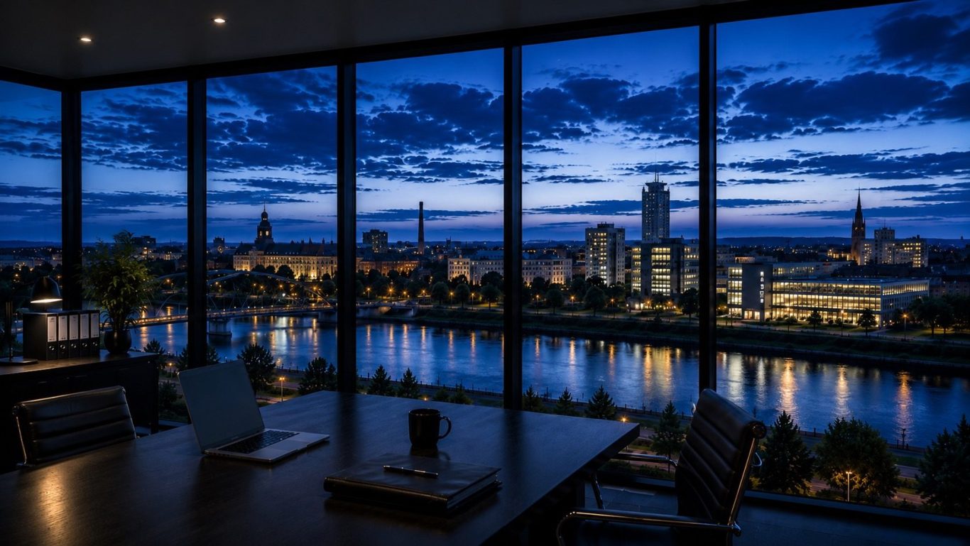 Moderner Konferenzraum mit Blick auf die Elbe und die Stadt Dessau-Roßlau in der Abenddämmerung. Diskrete Ermittlungen in Dessau-Roßlau