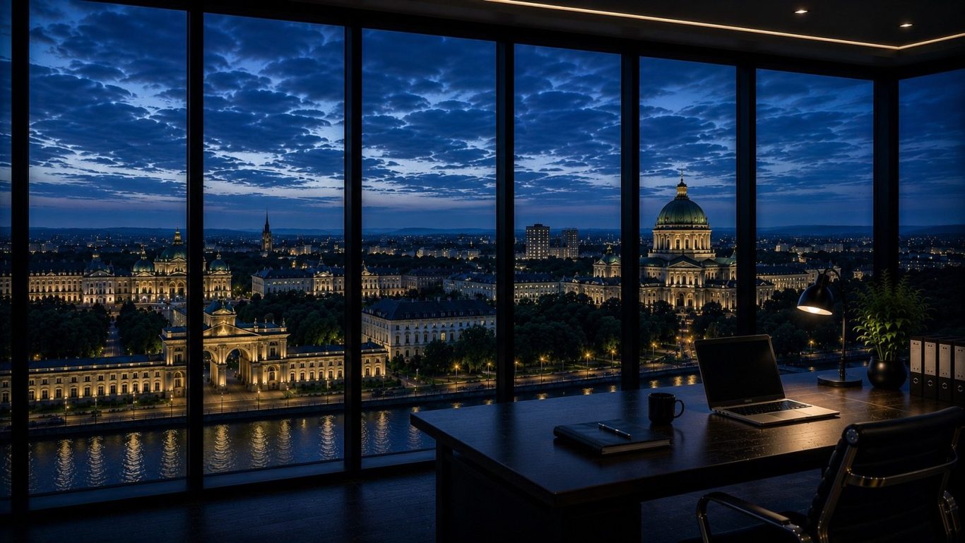Wirtschaftsdetektei Potsdam - diskrete Ermittlungen in Brandenburg Moderner Konferenzraum mit Blick auf die Stadt Potsdam in der Abenddämmerung. Symboldbild für diskrete Wirtschaftsermittlungen in Potsdam