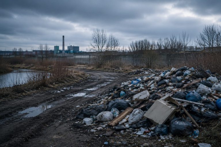 Ermittlungen für Kommunen bei illegaler Müllentsorgung Illegale Müllentsorgung an einem Industriegelände als Symbol für Ermittlungen bei Umweltverstößen und ordnungsrechtlichen Sachverhalten.