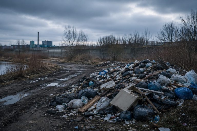 Ermittlungen für Kommunen bei illegaler Müllentsorgung Illegale Müllentsorgung an einem Industriegelände als Symbol für Ermittlungen bei Umweltverstößen und ordnungsrechtlichen Sachverhalten.