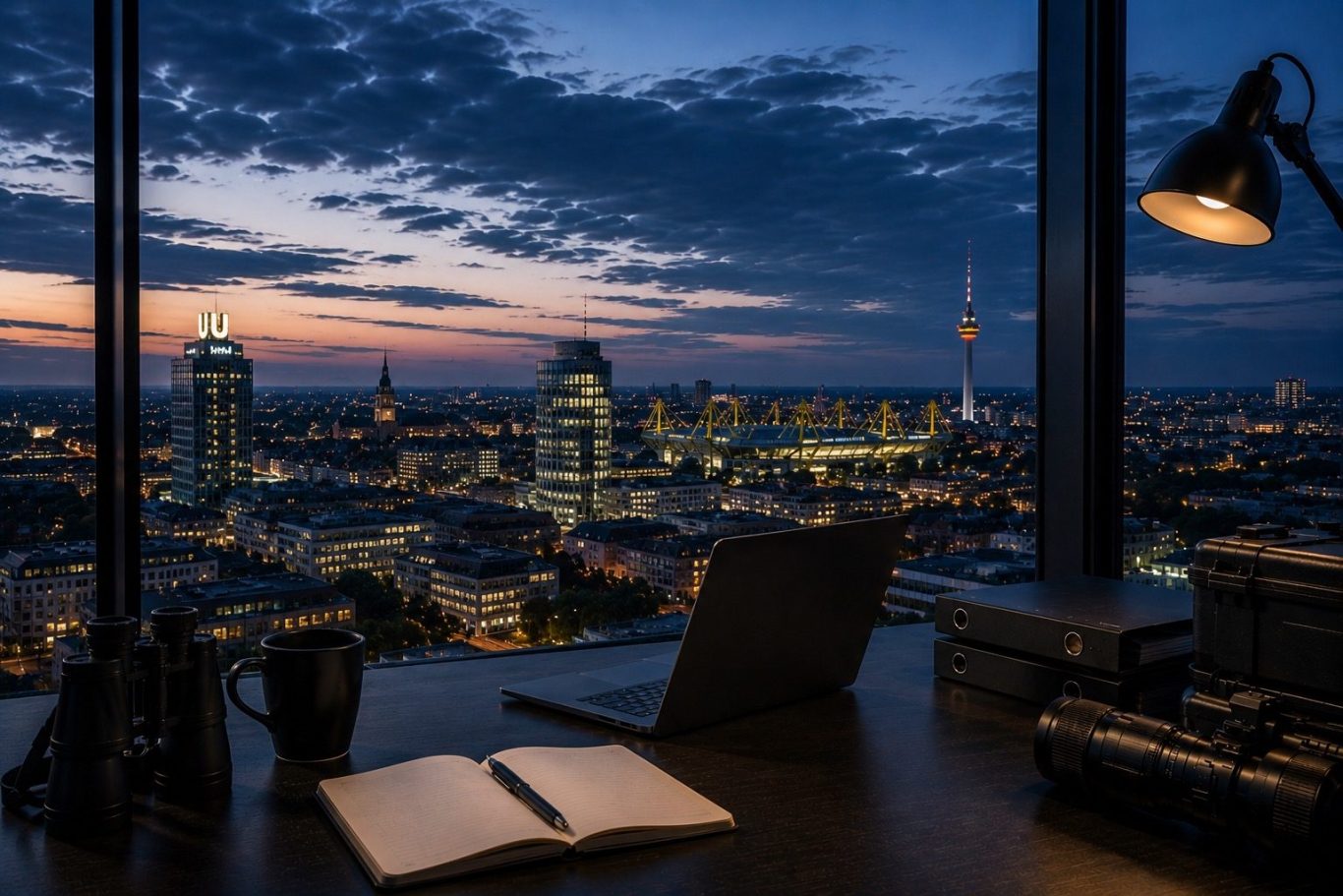 Moderner Konferenzraum mit Blick auf die Stadt Dortmund in der Abenddämmerung. Symboldbild für diskrete Ermittlungen in Dortmund. 