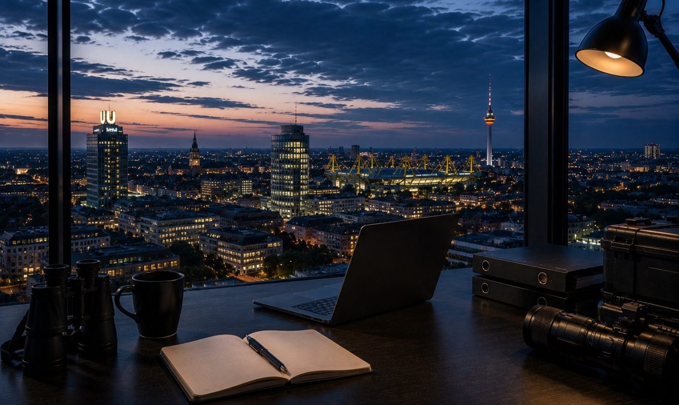 Wirtschaftsdetektei Dortmund - diskrete Ermittlungen in Nordrhein-Westfalen Moderner Konferenzraum mit Blick auf die Stadt Dortmund in der Abenddämmerung. Symboldbild für diskrete Ermittlungen in Dortmund.
