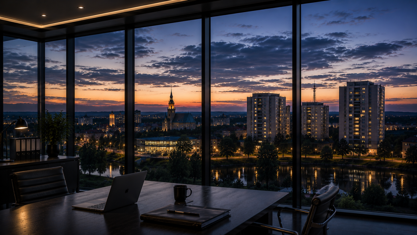 Wirtschaftsdetektei Hoyerswerda - diskrete Ermittlungen in der Lausitz Konferenzraum mit Blick auf die Stadt Hoyerswerda in der Abenddämmerung. Symbolbild für diskrete Ermittlungen in Hoyerswerda und der Lausitz
