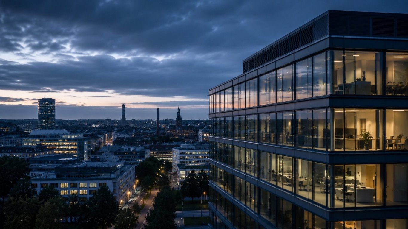 Detektei Chemnitz - diskrete Wirtschaftsermittlungen in Sachsen Modernes Bürogebäude mit Blick über Chemnitz in der Dämmerung als Symbol für diskrete und professionelle Wirtschaftsermittlungen.