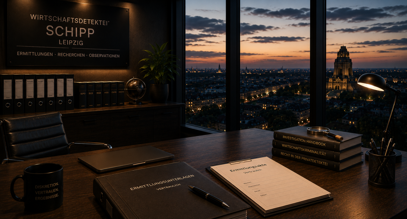 Wirtschaftsdetektei Schipp Leipzig - Erfahrung, Vertrauen und Diskretion Hochwertiger Besprechungsraum der Wirtschaftsdetektei mit Blick auf Leipzig und das Völkerschlachtdenkmal.