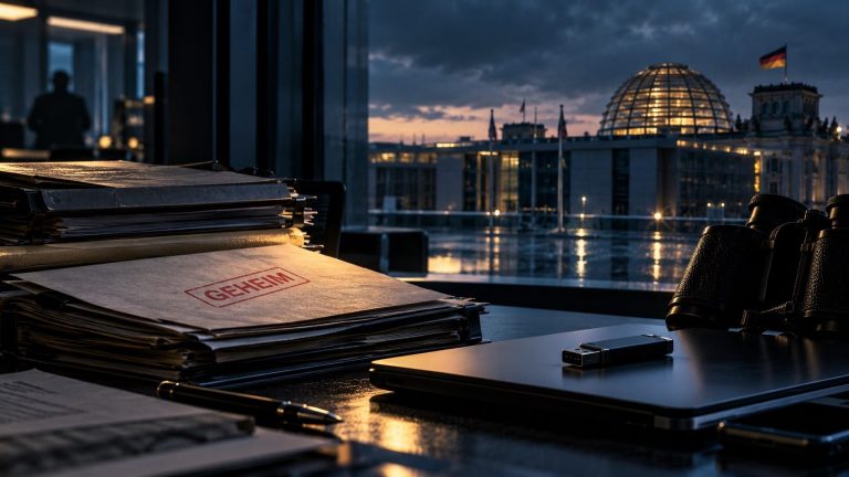 Vertrauliche Geschäftsunterlagen auf einem Schreibtisch mit Blick auf das Regierungsviertel in Berlin